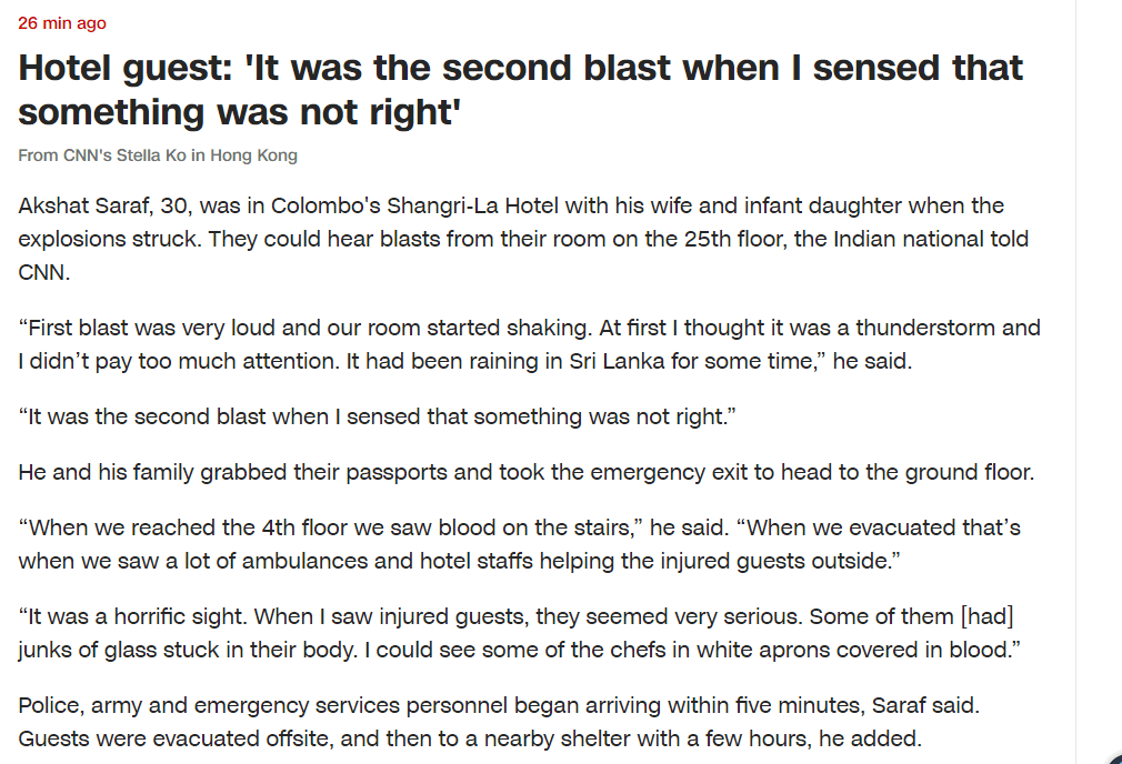 斯里兰卡爆炸亲历者讲述悲惨一幕：有人身上插着玻璃碎片，厨师白色